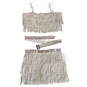 Nylon Apparel Fringe Crop Top & Skort Set With Belt/White/Large/Western